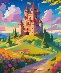 Medieval castle on a hill with flower landscape in the spring vector graphic design art