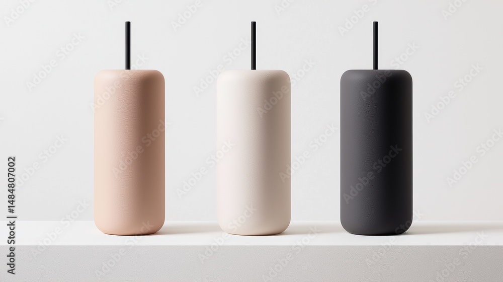 Poster three cylindrical objects with black straws, arranged in a row on a white shelf.