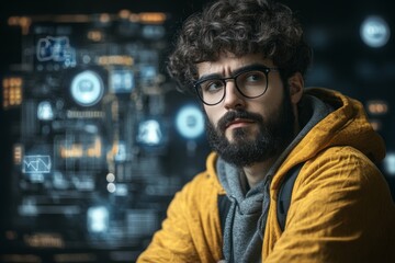 Obraz premium Fashion tech entrepreneur in hoodie posing in front of futuristic interface