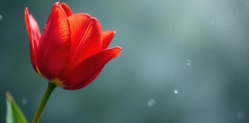 Obraz premium Single red tulip, glistening raindrops, soft grey background, spring, background