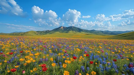 Fototapeta premium Vibrant Flower Field with Colorful Blooms and Scenic Blue Sky