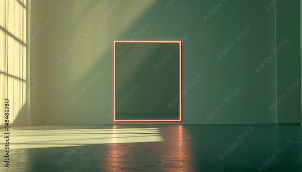 Poster minimalist interior design with a glowing rectangular frame, showcasing sunlight streaming through a