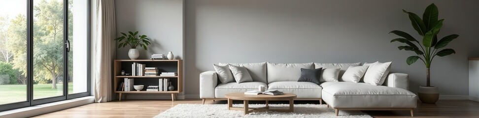 Stylish grey bookstand, minimalist Scandinavian living room, open space design , furniture, workspace, freelancer