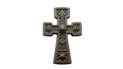 Medieval Armenian khachkar cross stone fragment with ornate carvings and weathered texture isolated on white background