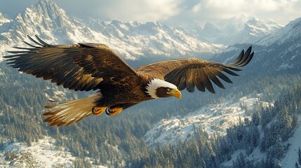 Fototapeta premium Majestic eagles soar effortlessly through the clear mountain air, their keen eyes scanning the landscape below for prey