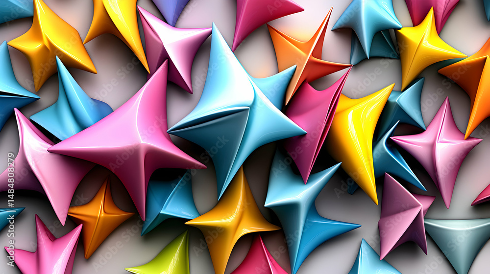 Poster abstract background with colorful, glossy, star-shaped 3d objects. perfect for modern design project