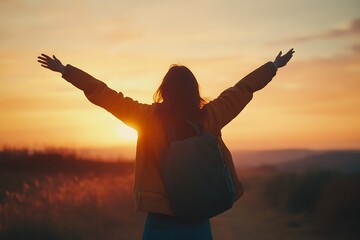 Young Woman Facing Sunrise with Arms Raised – Empowerment