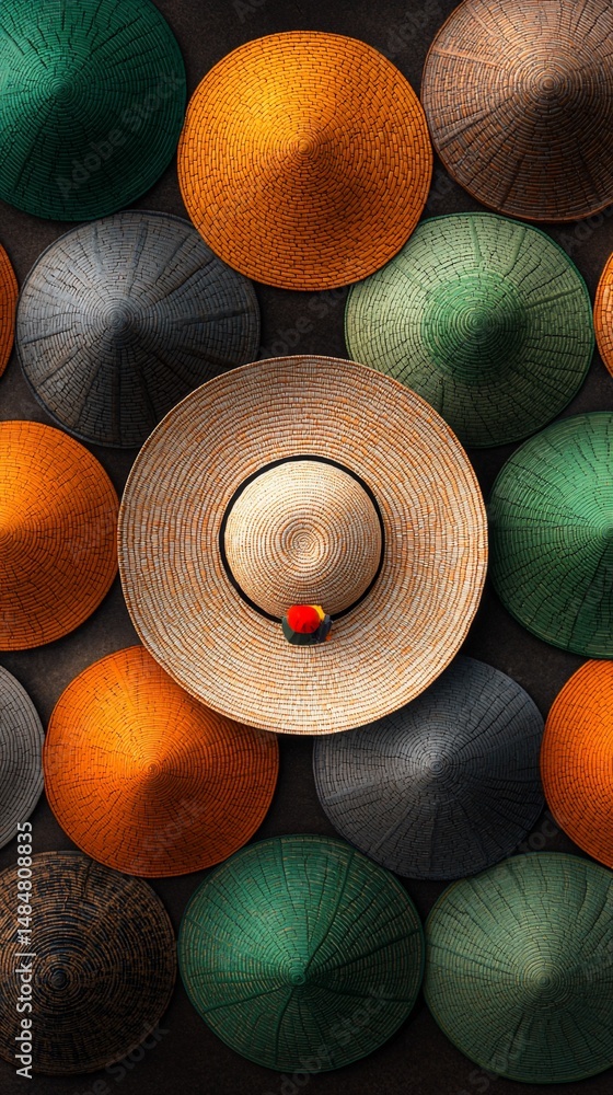 Poster colorful straw hats arranged in a circular pattern