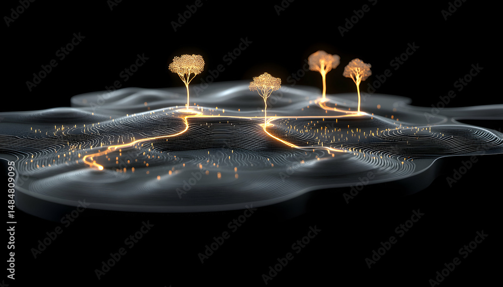 Poster abstract 3d rendering of glowing trees and paths on a topographical landscape. ideal for technology,