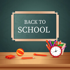 Back to school text vector design template. Welcome back to school green chalk board with school supplies elements. Vector illustration.