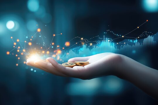Hand holding gold coins, overlaid with financial graphs and network, suggesting investment growth