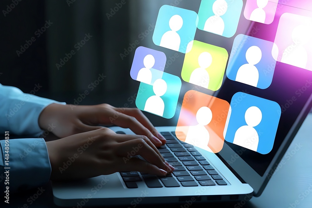 Poster person using laptop computer with colorful social media profile icons floating above the keyboard