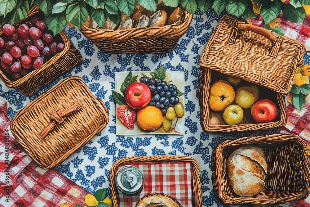 Fototapete a flat lay of a card for a community picnic with picnic baskets and blankets