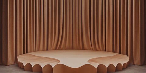 A minimalist stage with a scalloped edge platform, set against a backdrop of flowing, light brown curtains
