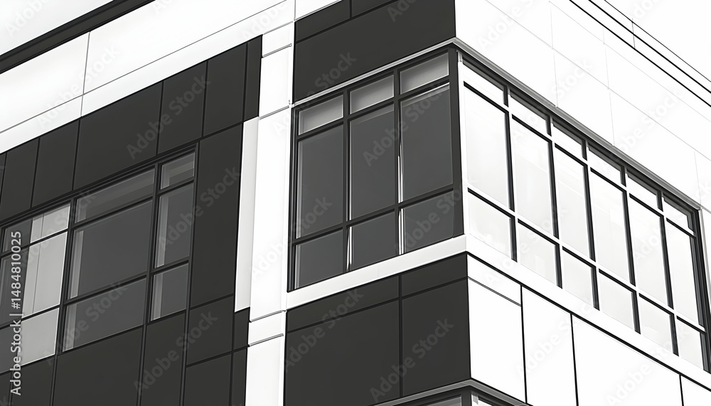 Poster modern architectural design. black and white building exterior with large windows. abstract geometri