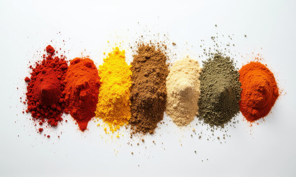 Colorful Spice Powders, Culinary Herbs - Flat lay photography