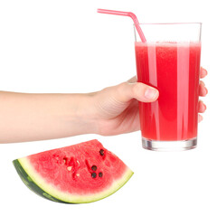 Hand holding watermelon juice glass and slice