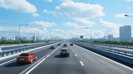 Cars traveling on a highway in a modern city under a clear blue sky