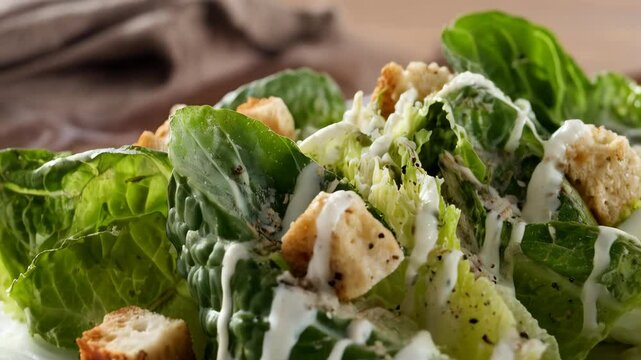 Delicious caesar salad featuring romaine lettuce, creamy dressing, and crunchy croutons on a white plate, perfect for a healthy lunch
