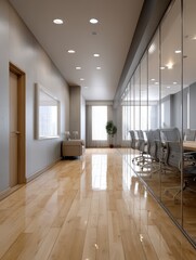 Modern Conference Room with Wood Flooring and Large Windows - Business Meeting Space and Collaboration Area