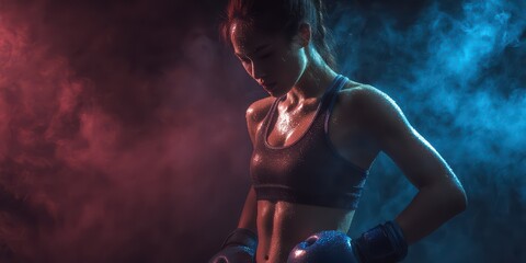 Powerful Female Boxer in Colorful Smoke is a premium-quality stock image ideal for use in lifestyle blogs, health content, promotional campaigns, and editorial publications.