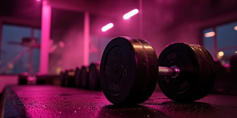 Close-Up of Weights on Gym Floor with Pink Glow is a premium-quality stock image ideal for use in lifestyle blogs, health content, promotional campaigns, and editorial publications.