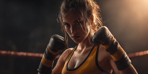 Strong Woman Fighter Preparing for Match is a premium-quality stock image ideal for use in lifestyle blogs, health content, promotional campaigns, and editorial publications.