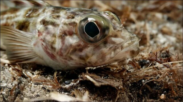 Close up on mottled toadfish on seabed with sand, seaweed. Focus on the big black eye of the spotted fish underwater in the ocean with fine details visible.