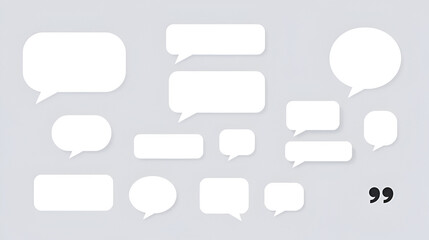 Set of blank white speech bubble in flat design, chatting box, message box icon. Balloon doodle style of thinking sign symbol. Quotation marks. Black quotes icons set