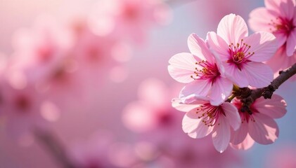 Fototapeta premium Delicate pink cherry blossoms, full bloom, soft petals , botanical, petals