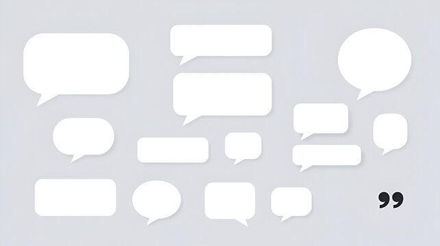 Set of blank white speech bubble in flat design, chatting box, message box icon. Balloon doodle style of thinking sign symbol. Quotation marks. Black quotes icons set