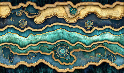 Abstract teal, gold, and navy artwork.  Layered design with organic shapes and metallic accents. Ideal for modern interiors, textiles, or digital art.