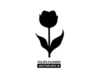 A simple silhouette of a tulip flower with leaves, designed as a graphic resource.