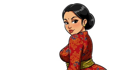 a comic cartoon naughty Javanese woman wearing  kemben batik, isolated white screen background