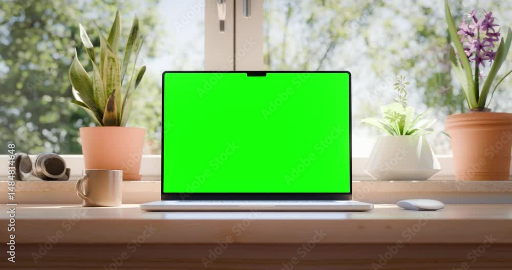 Poster modern laptop with a green screen dynamic and smooth camera zoom out animation. ideal for chroma key
