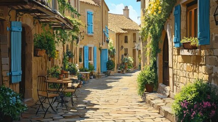 Fototapeta premium Charming european village street scene with cobblestones blue shutters and cafe tables