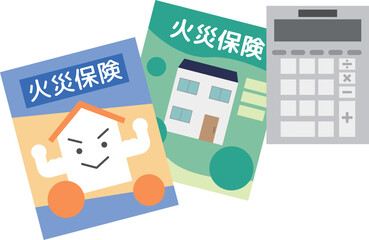 シンプルな火災保険のパンフレットと電卓のイメージ素材 © vdck_studio