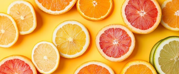 Various citrus fruits are creatively arranged on a bright yellow background. The fresh slices showcase a spectrum of colors and textures perfect for culinary inspiration or decoration