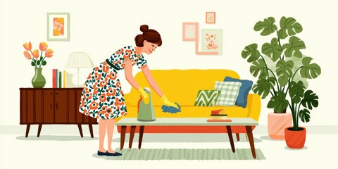 Fototapeta premium Home Decor Scene With Woman Tending Plants is a premium-quality stock image ideal for use in lifestyle blogs, health content, promotional campaigns, and editorial publications.