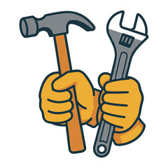 Illustration of hand holding hammer and wrench for repair work and home improvement projects icon vector