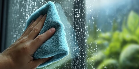 Hand Cleaning Rainy Window With Blue Cloth is a premium-quality stock image ideal for use in lifestyle blogs, health content, promotional campaigns, and editorial publications.