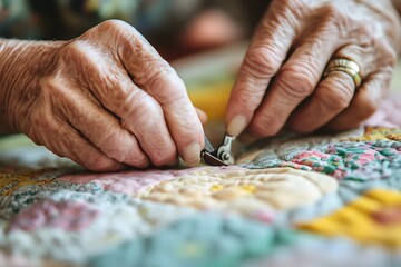 Close-Up of Hands Sewing a Quilt – Symbol of Care and Legacy