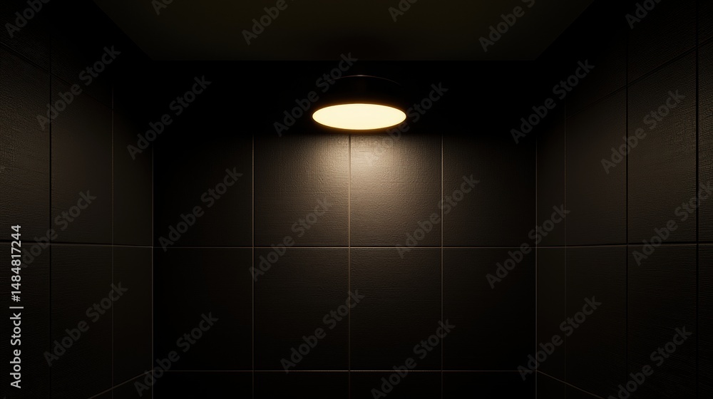 Poster a dimly lit room with a single light source casting a warm glow on the dark tiled walls.
