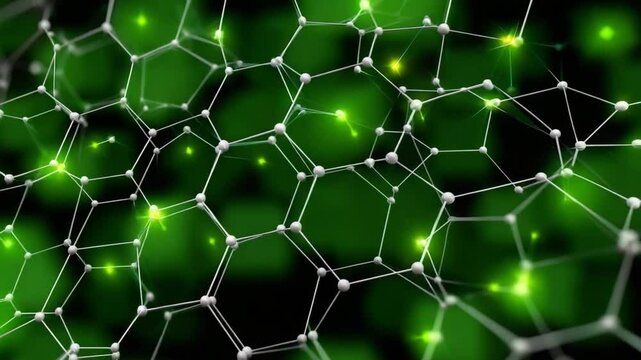 Interconnected Molecular Network: A stunning visualization showcases a complex web of interconnected molecules, resonating with vibrant green energy and forming a breathtaking futuristic landscape.