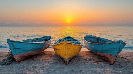 Fototapeta premium Sunrise on a beach with colorful fishing boats