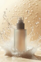 A luxurious skincare product mockup showcases a sleek pump bottle on a neutral beige background. Surrounding water splashes evoke freshness, enhanced by soft natural lighting