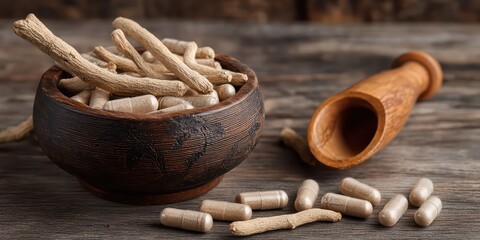 Wooden Bowl Filled With Herbal Supplements is a premium-quality stock image ideal for use in lifestyle blogs, health content, promotional campaigns, and editorial publications.