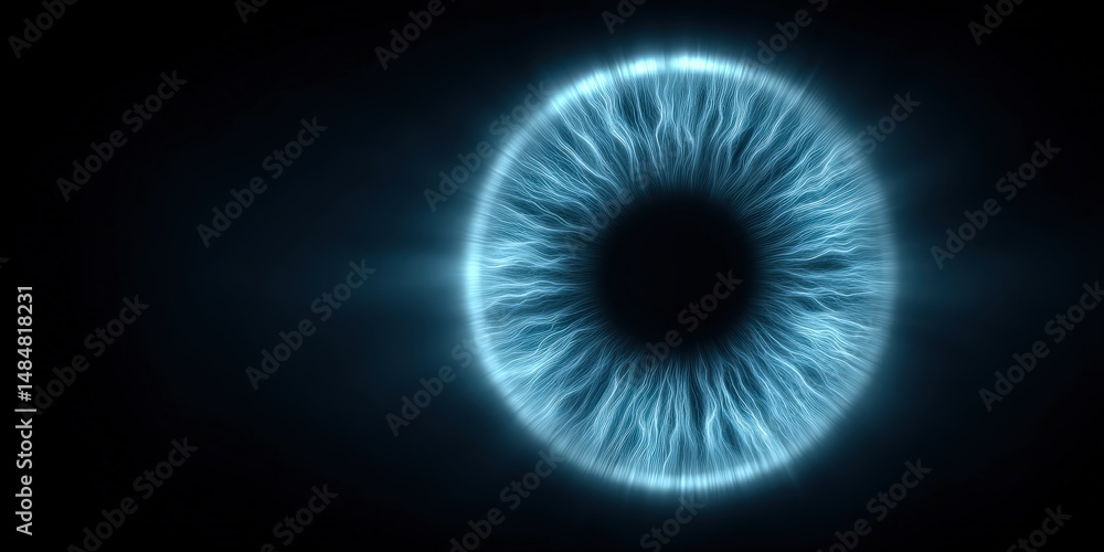 Poster futuristic visualization of an eye with an electrical glow captivating the viewer through swirling b