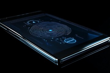 Futuristic black smartphone displaying a glowing blue circular energy transfer pattern, perfect for technology advertising and website headers.