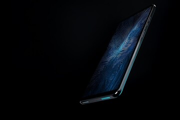 **High-Definition Floating Touchscreen With Fingerprint Scanner, Biometric Layers, And Data Transfer Animations Rendered In Crystal-Clear Detail; Left-Side Copy Space, Black Background --Ar 3:2 --S 50